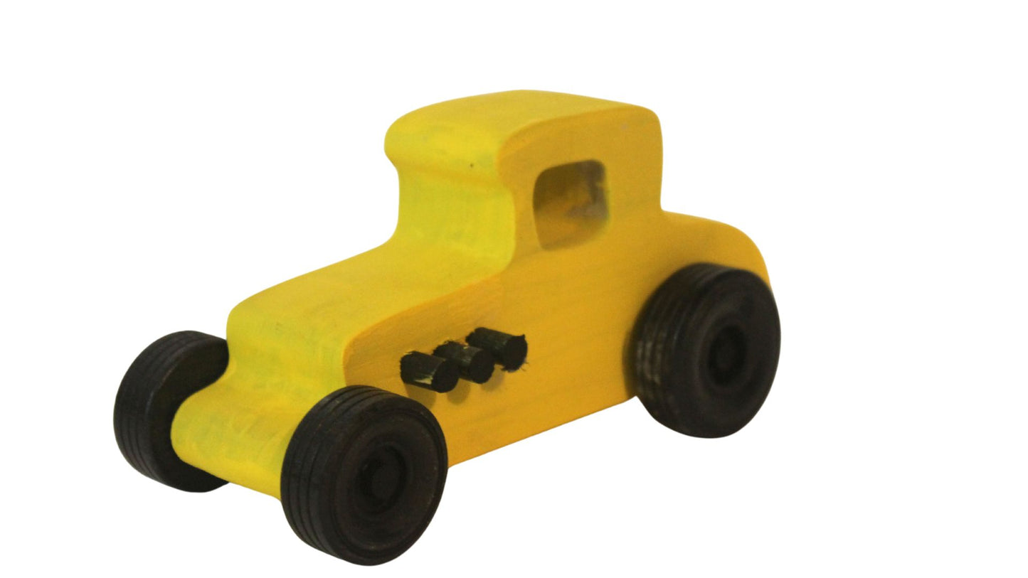 Wooden toy Ford hot rod set, 3 cars, painted yellow, red, and orange