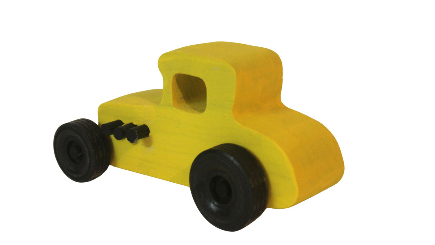 Wooden toy Ford hot rod set, 3 cars, painted yellow, red, and orange