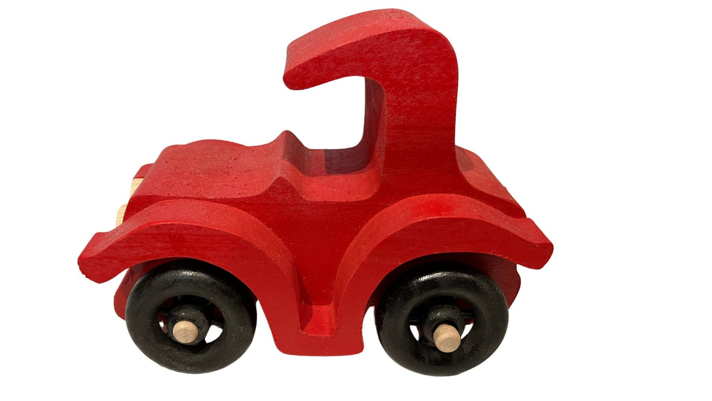 Set of two antique auto toys with spoked wheels, and painted bright red and yellow