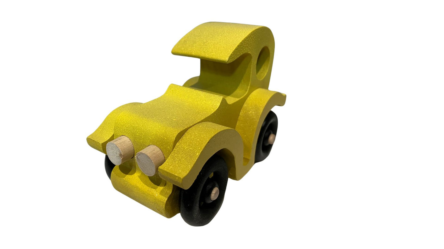 Set of two antique auto toys with spoked wheels, and painted bright red and yellow