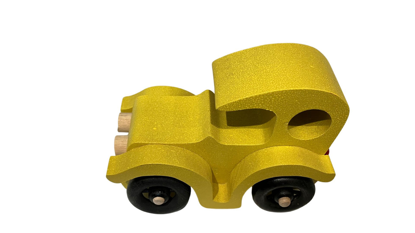 Set of two antique auto toys with spoked wheels, and painted bright red and yellow