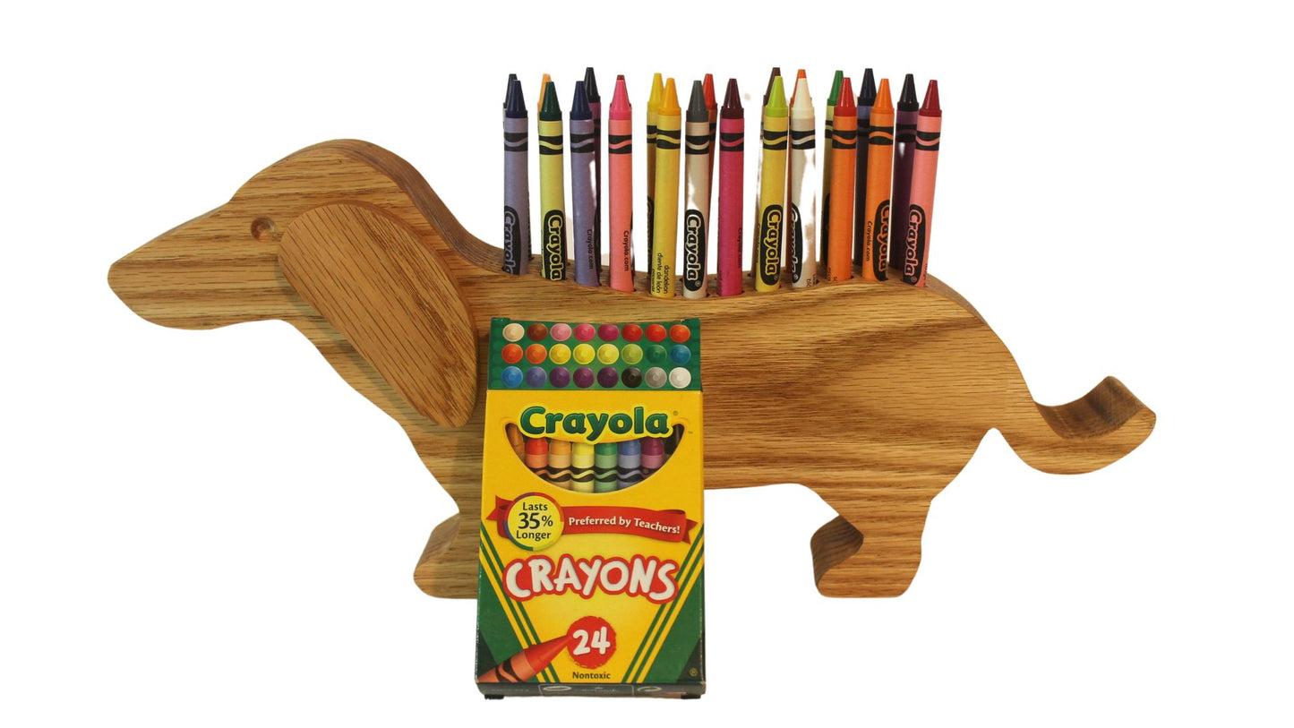 Dachshund shaped crayon holder. This cute holder provides a motivation for a child to put their crayons away
