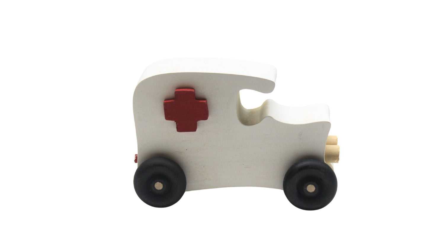 Wooden toy vehicle set: fire truck, ambulance, 2 cars. Made from poplar and painted