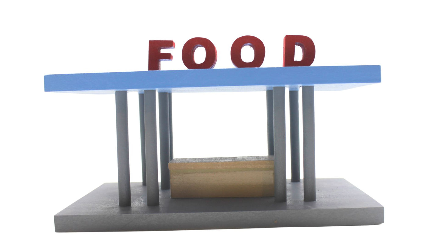 Toy wood gas and food stop with VW vehicles, gas islands, fast food restaurant