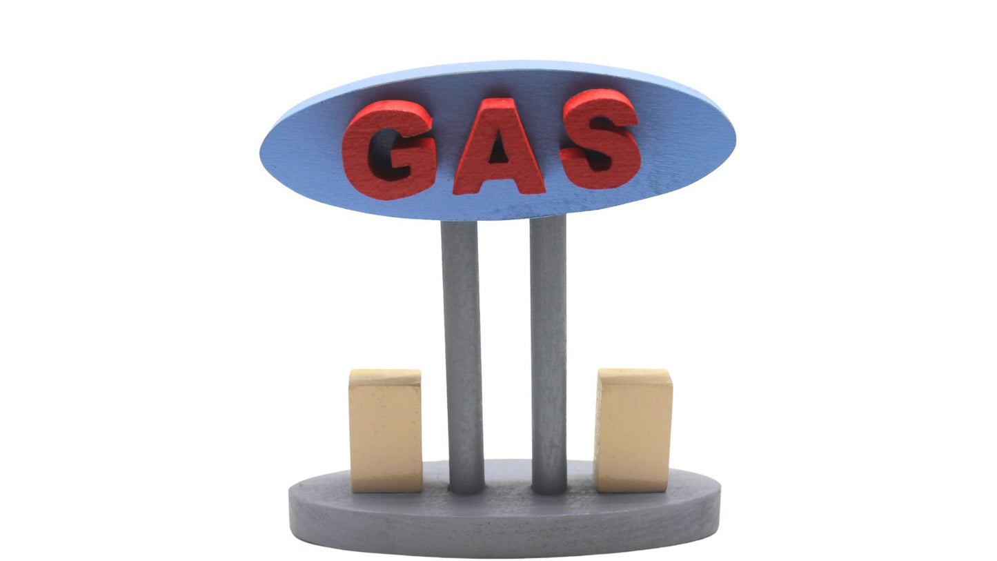 Toy wood gas and food stop with VW vehicles, gas islands, fast food restaurant