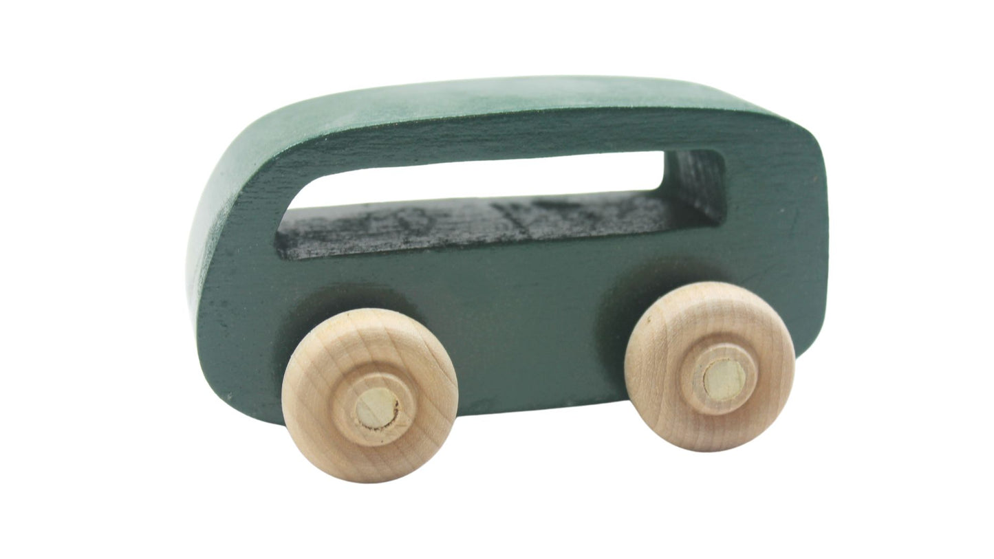 Volkswagen car carrier solid wood toy. Set includes a tractor with separate trailer, a VW bug, convertible, and van, and two people