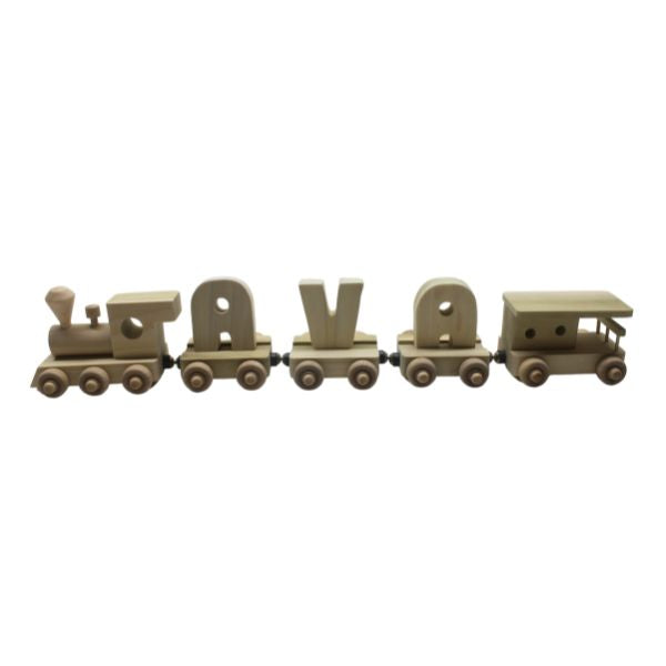 Personalized name train with engine, letter cars, and caboose