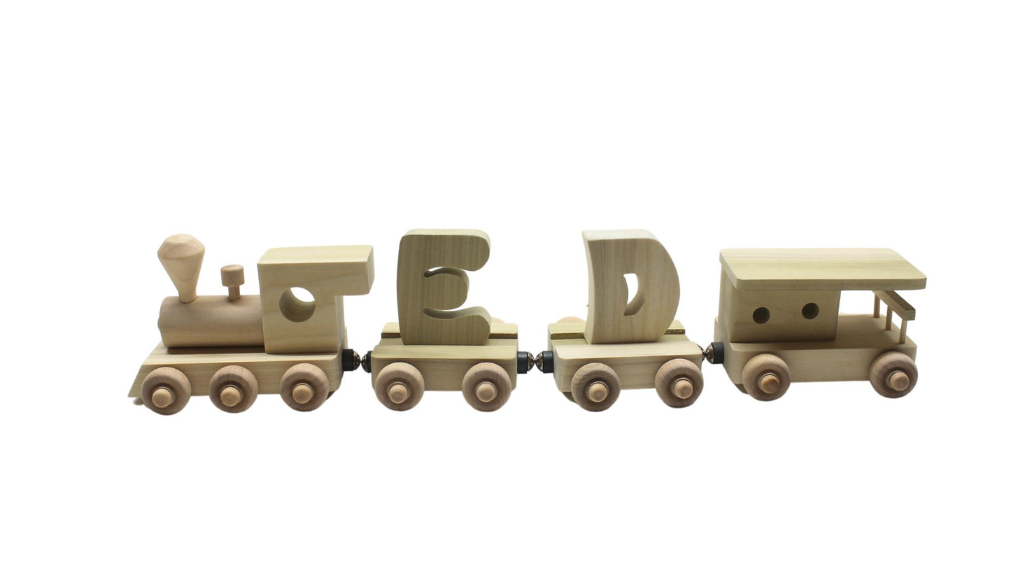 Handcrafted Personalized Wood Toy Train with Engine and Two Cars to Spell A Child's Name