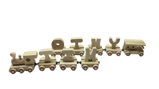 Handcrafted Personalized Wood Toy Train with Engine and Seven Cars