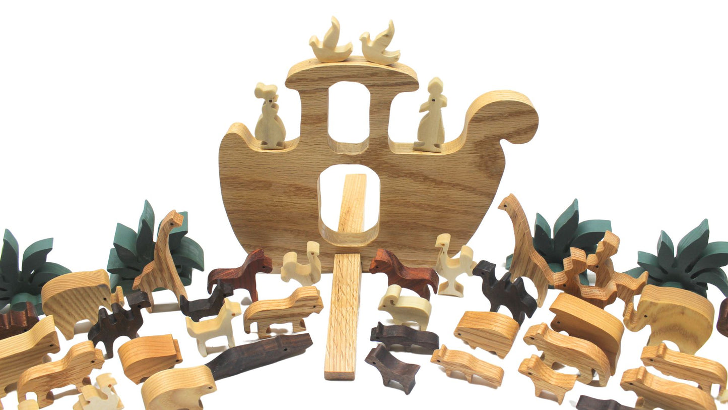 Noah's animal ark, pairs of animals made from various hardwoods. Choice of oak,cherry or walnut for ark and removable ramp