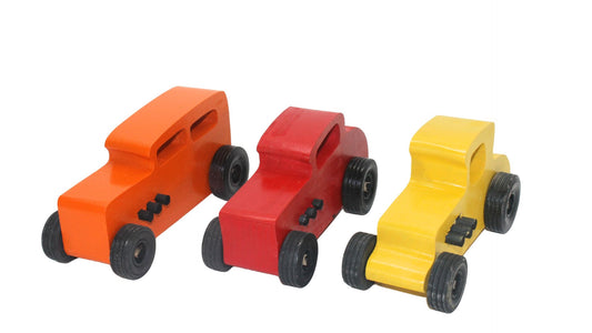 Wooden toy Ford hot rod set, 3 cars, painted yellow, red, and orange