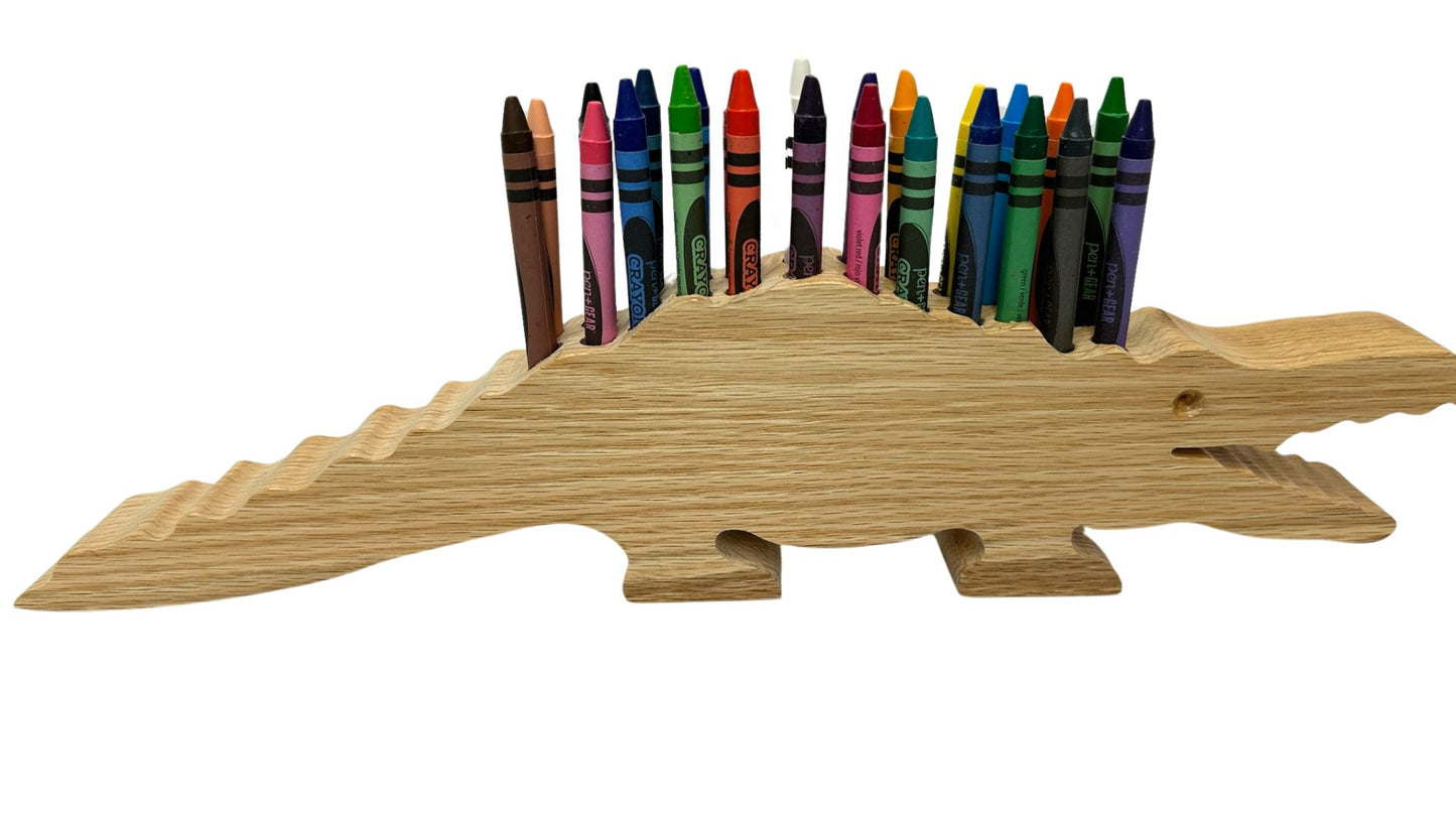 Alligator-shaped crayon holder, handmade from oak or poplar. 24 crayons included