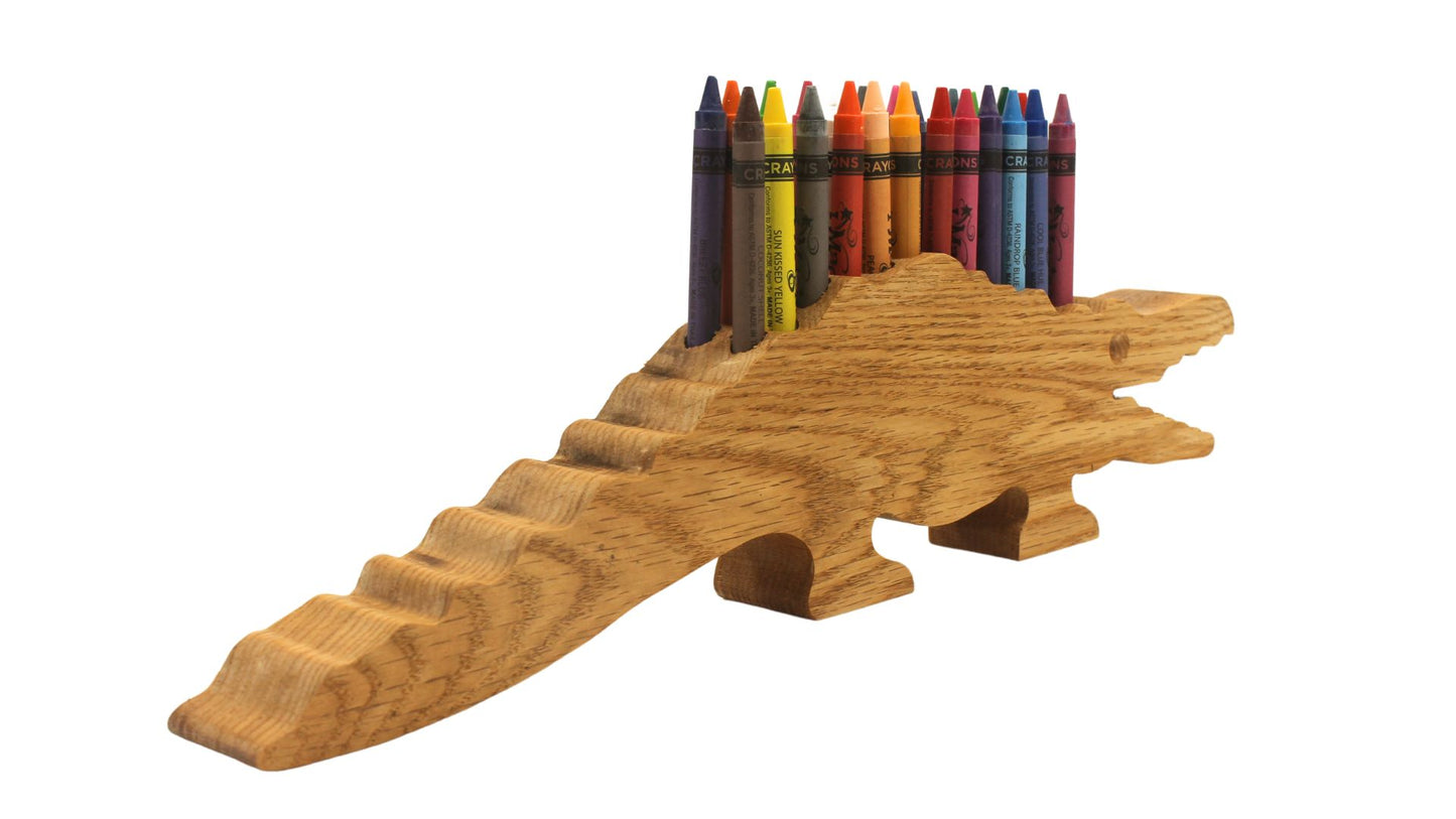 Alligator-shaped crayon holder, handmade from oak or poplar. 24 crayons included