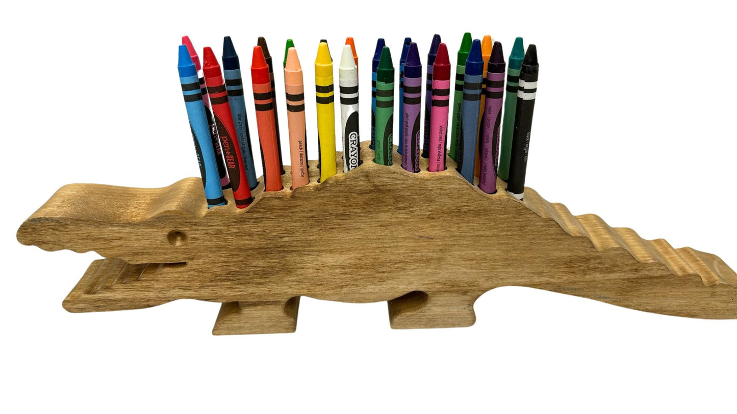 Alligator-shaped crayon holder, handmade from oak or poplar. 24 crayons included