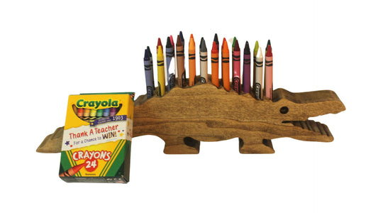 Alligator-shaped crayon holder, handmade from oak or poplar. 24 crayons included