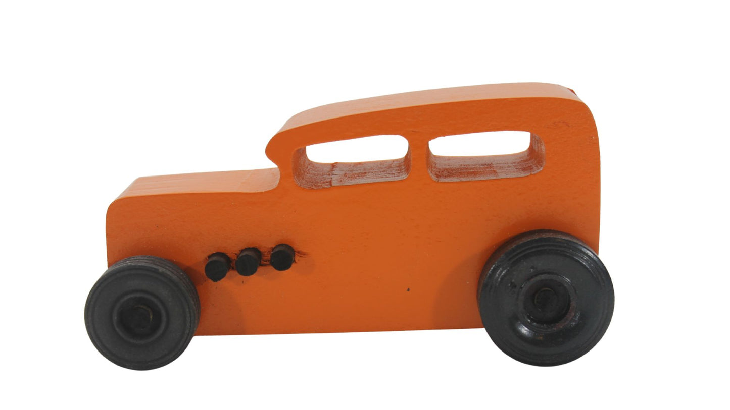 Wooden toy Ford hot rod set, 3 cars, painted yellow, red, and orange