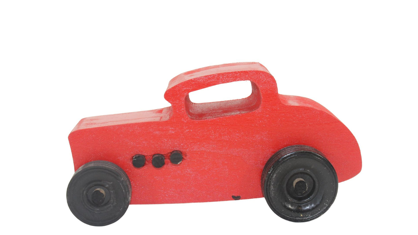 Wooden toy Ford hot rod set, 3 cars, painted yellow, red, and orange