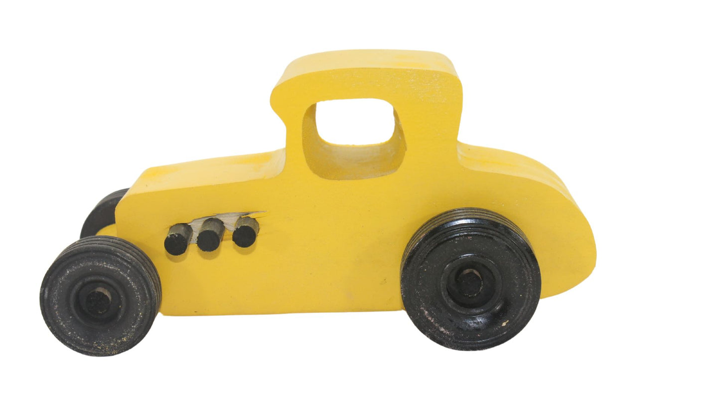 Wooden toy Ford hot rod set, 3 cars, painted yellow, red, and orange