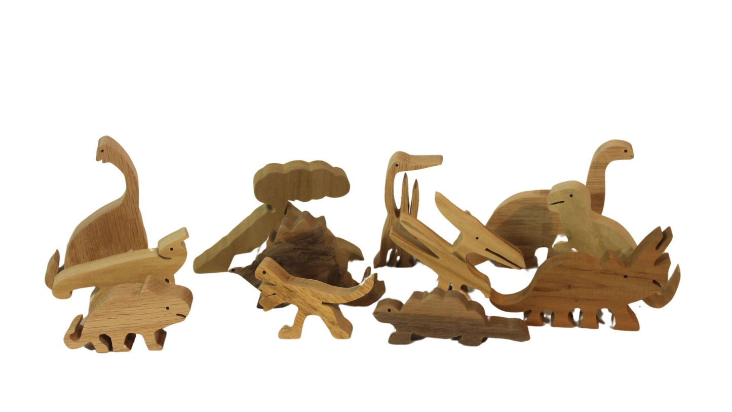 Premium Handmade Dinosaur Set: Large Size, Made of Solid Hardwoods, Complete with Volcano