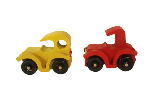 Set of two antique auto toys with spoked wheels, and painted bright red and yellow