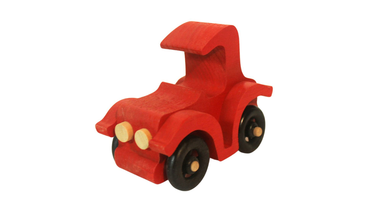 Set of two antique auto toys with spoked wheels, and painted bright red and yellow