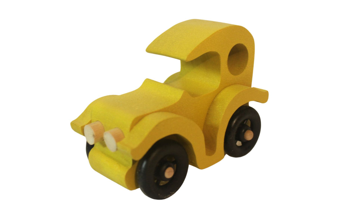 Set of two antique auto toys with spoked wheels, and painted bright red and yellow