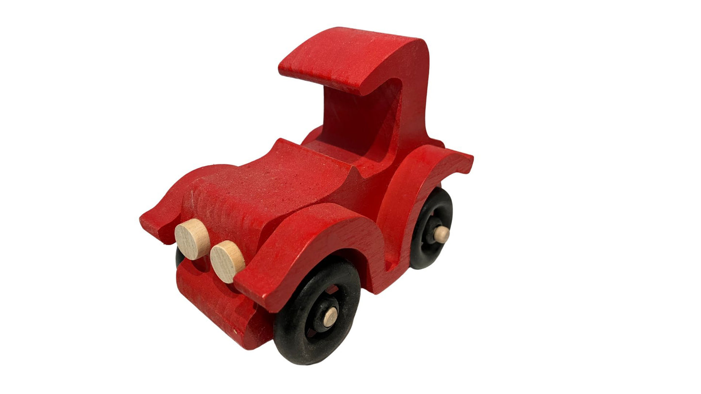 Set of two antique auto toys with spoked wheels, and painted bright red and yellow