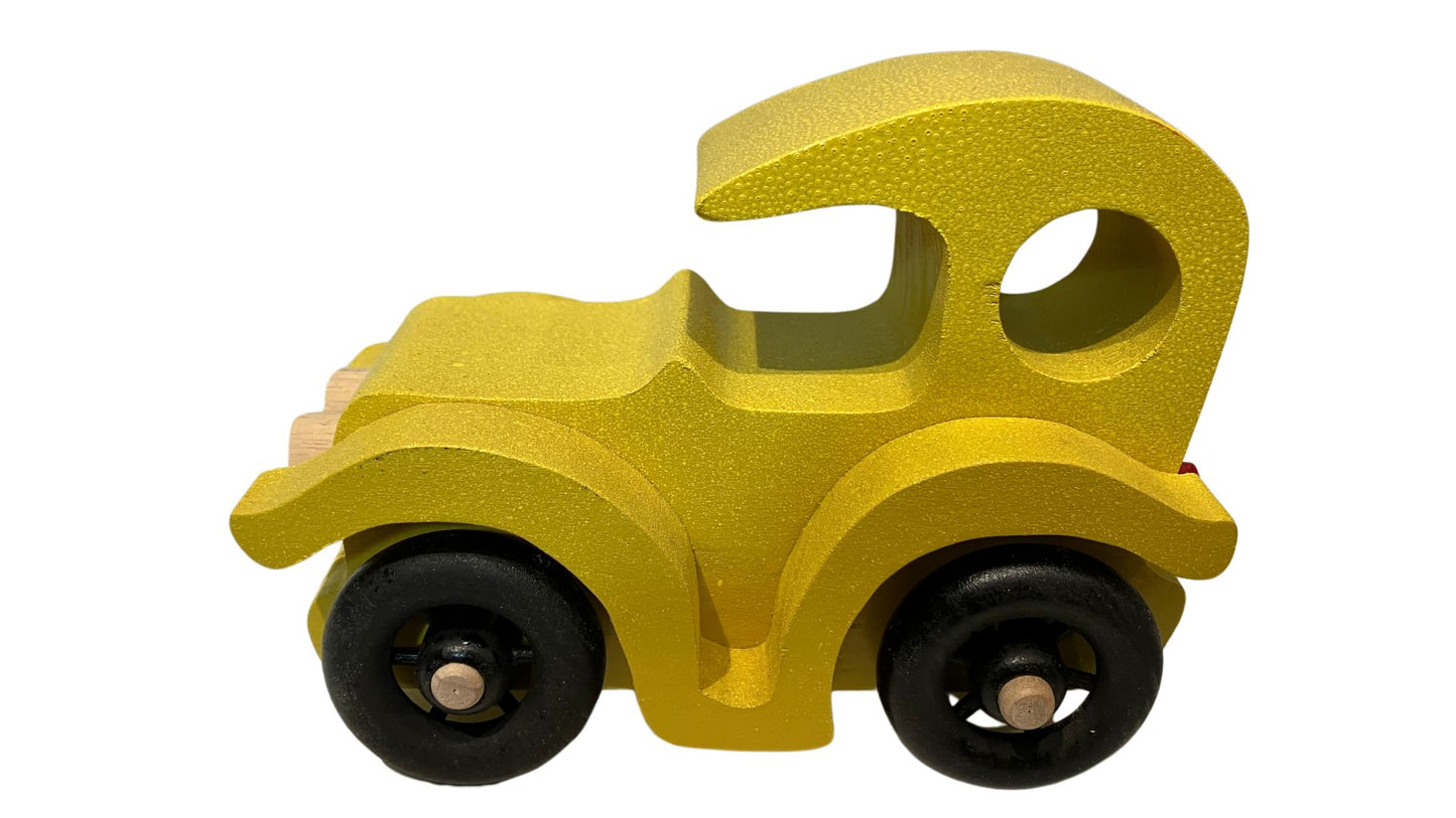 Set of two antique auto toys with spoked wheels, and painted bright red and yellow