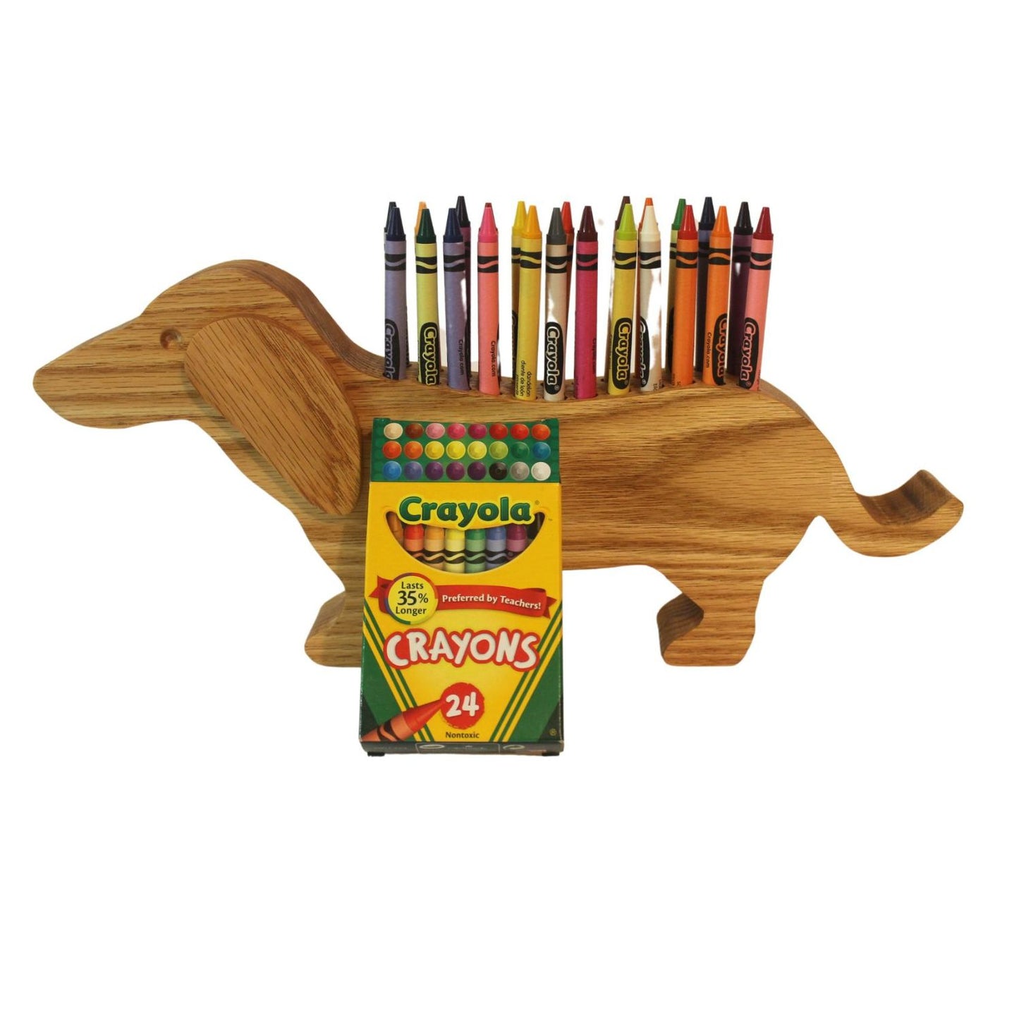 Dachshund shaped crayon holder. This cute holder provides a motivation for a child to put their crayons away