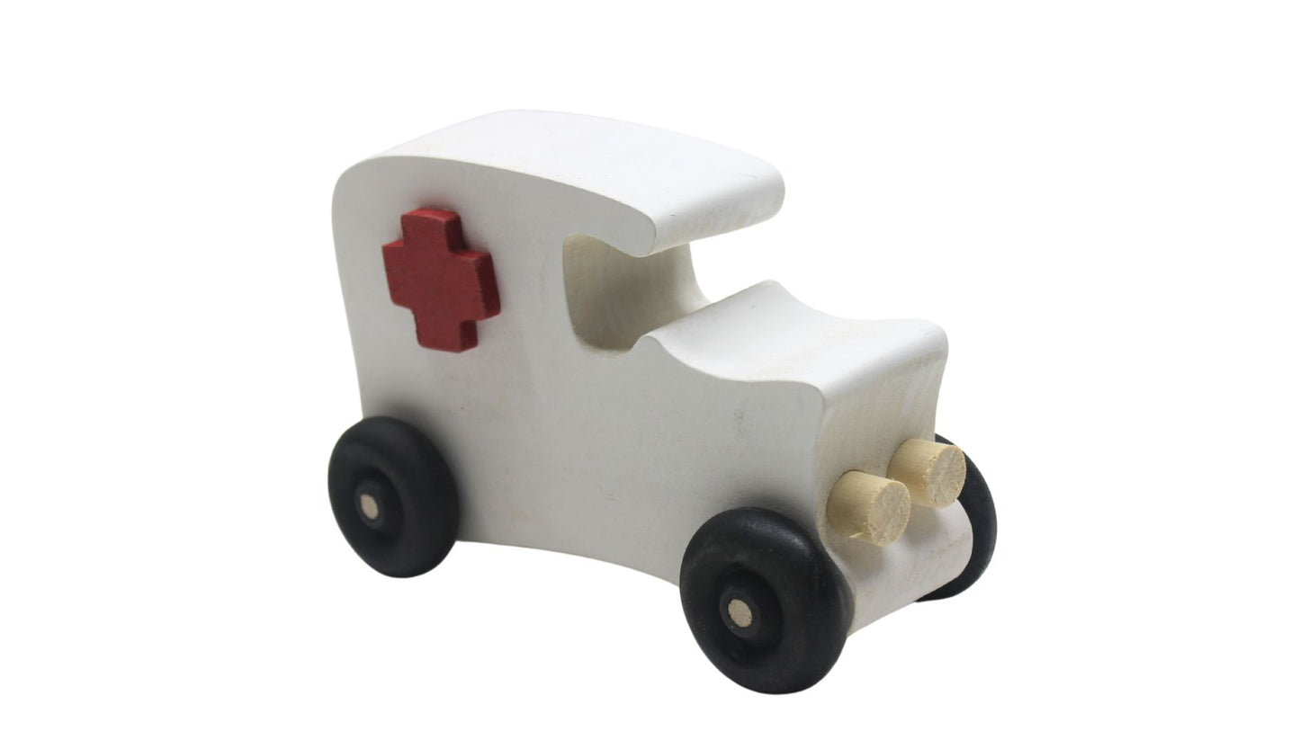 Wooden toy vehicle set: fire truck, ambulance, 2 cars. Made from poplar and painted