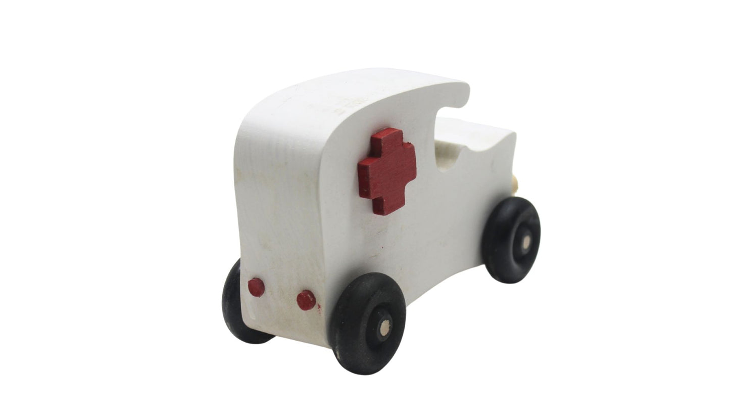 Wooden toy vehicle set: fire truck, ambulance, 2 cars. Made from poplar and painted