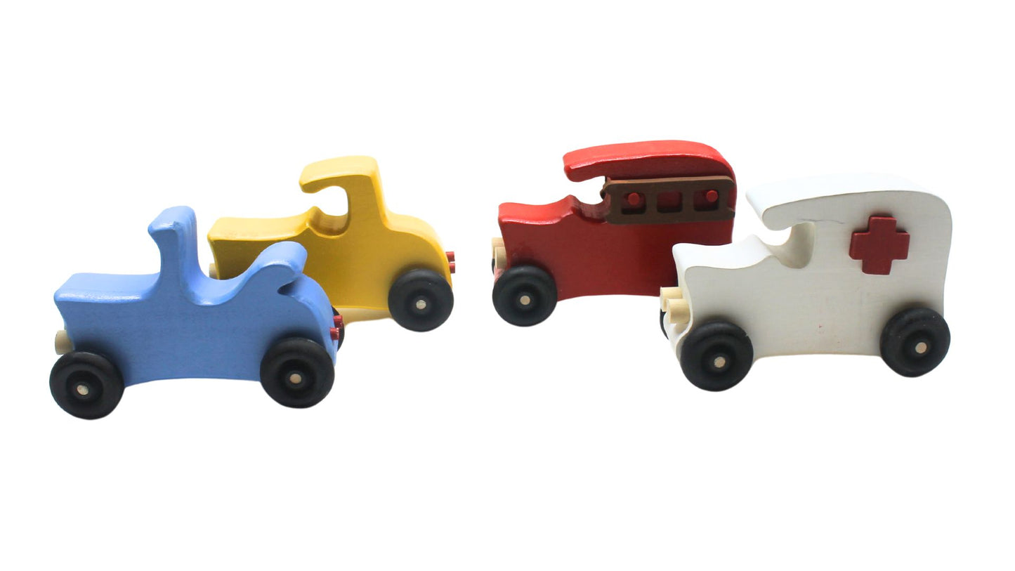 Wooden toy vehicle set: fire truck, ambulance, 2 cars. Made from poplar and painted