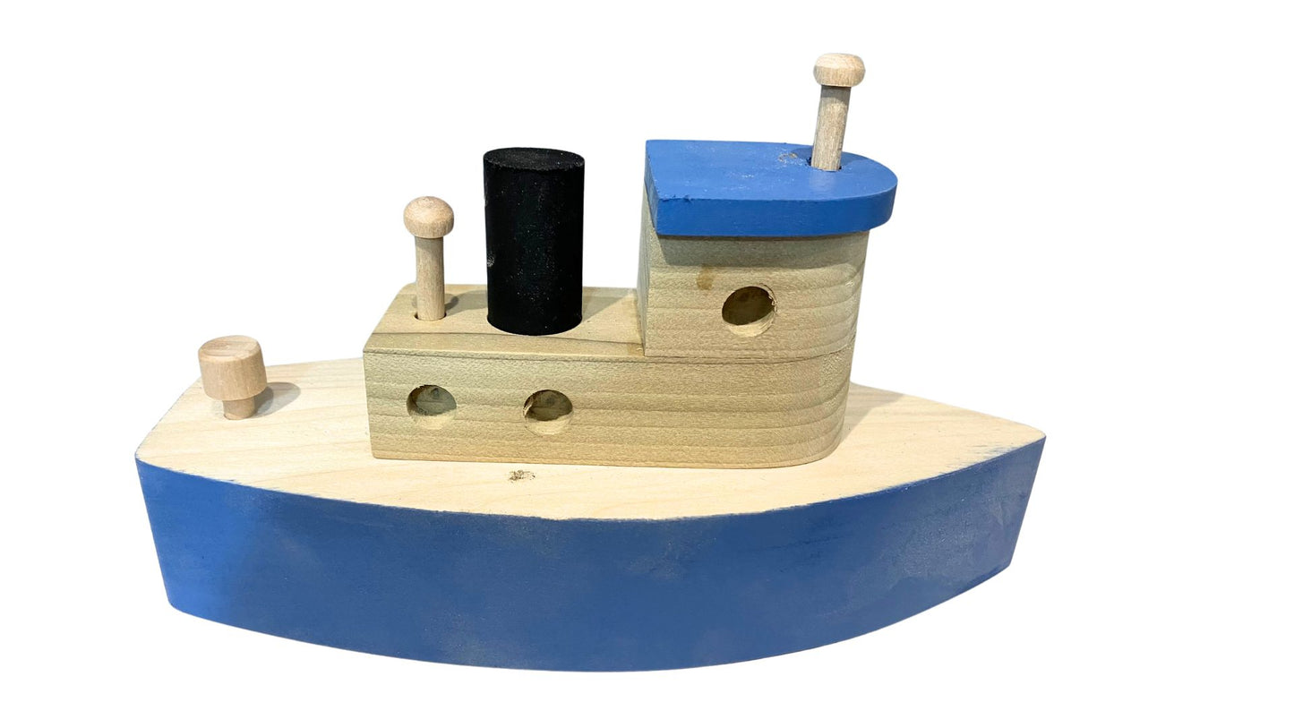 Toy wood tugboat, indoor use only (not made to float). Handcrafted from hardwood