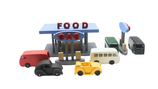 Toy wood gas and food stop with VW vehicles, gas islands, fast food restaurant