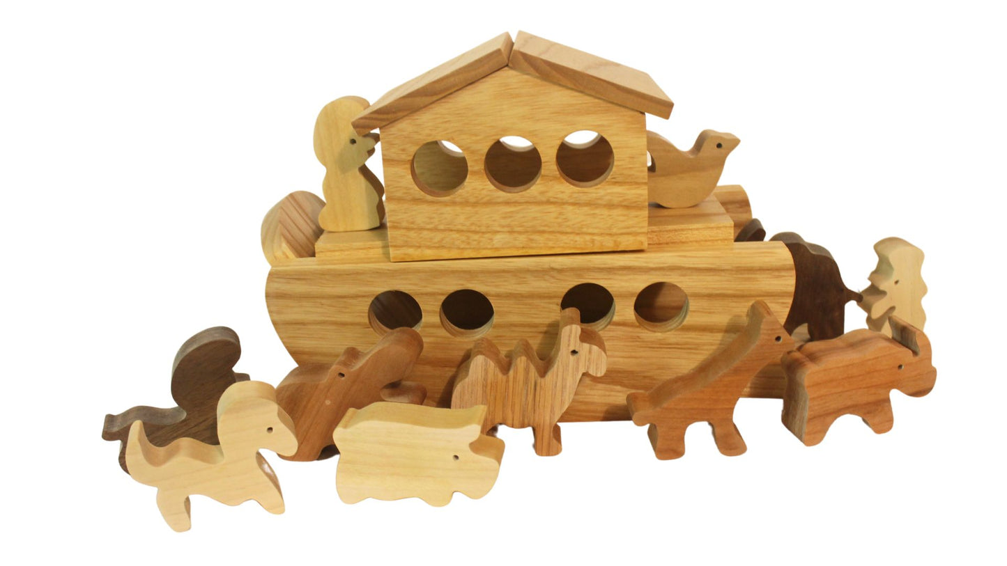 Noah's mini ark, with 9 sets of animals. Ark has a removable upper deck, and ramp lowers to let animals on and off. Choice of woods