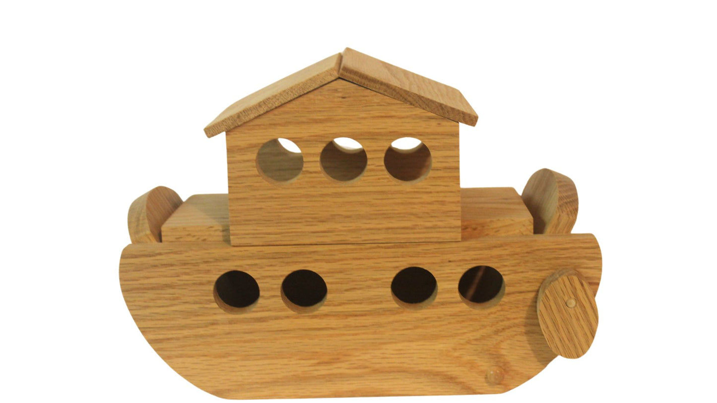 Noah's mini ark, with 9 sets of animals. Ark has a removable upper deck, and ramp lowers to let animals on and off. Choice of woods