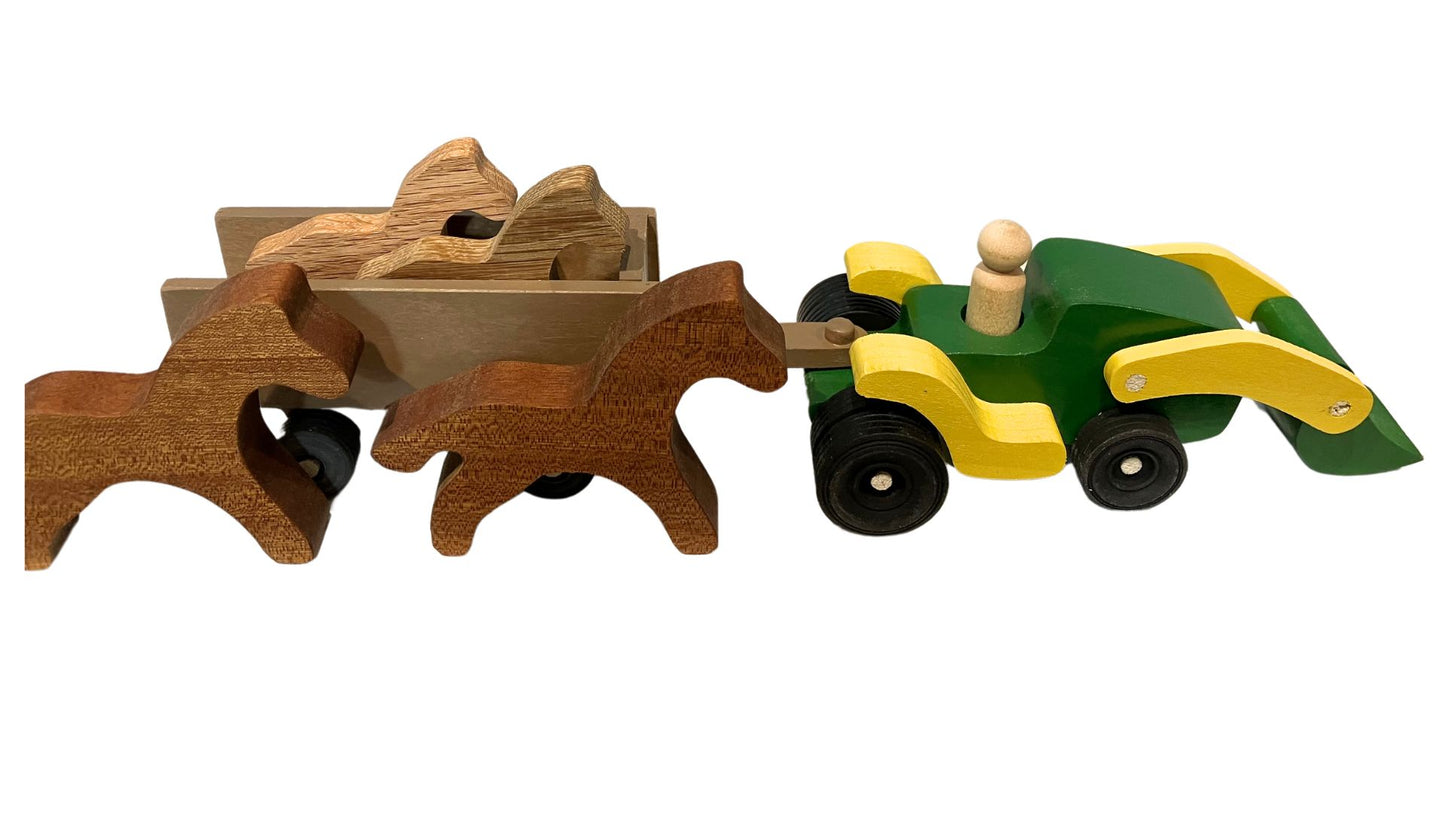 Toy Wooden Tractor with Front Bucket, Wagon, and 4 Horses