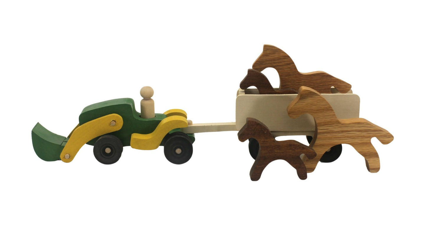 Toy Wooden Tractor with Front Bucket, Wagon, and 4 Horses