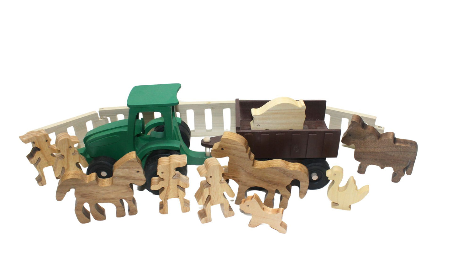 Interactive Wooden Toy Farm Set - Perfect for Pretend Play with Tractor, Wagon, Fence, and Animal Figures