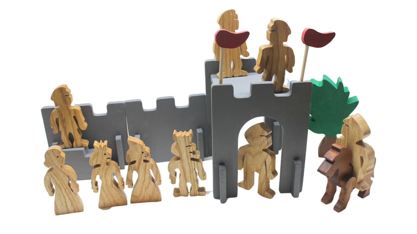 Wood toy castle set with take-apart walls, dragons, knights, horses and a royal family