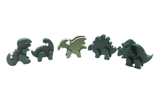 Dinosaurs: choose from a brontosaurus, triceratops, pterodactyl, tyrannosaurus rex, or stegosaurus. Solid wood; choice of oak, or painted green