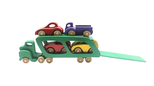 Vintage-Inspired Wooden Toy Car Carrier with 3 Cars and a Pickup Truck - Hours of Imaginative Play!