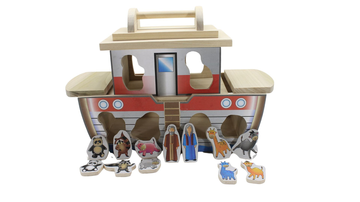 Noah's ark with removable top for storage. Holes are cut in the sides so children can learn irregular shapes by placing animals in them.