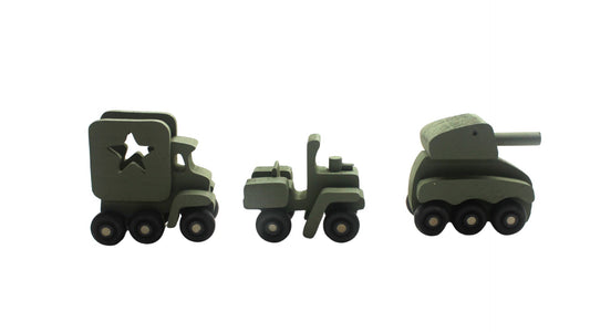 Tiny wood Army toy set: jeep, truck, tank