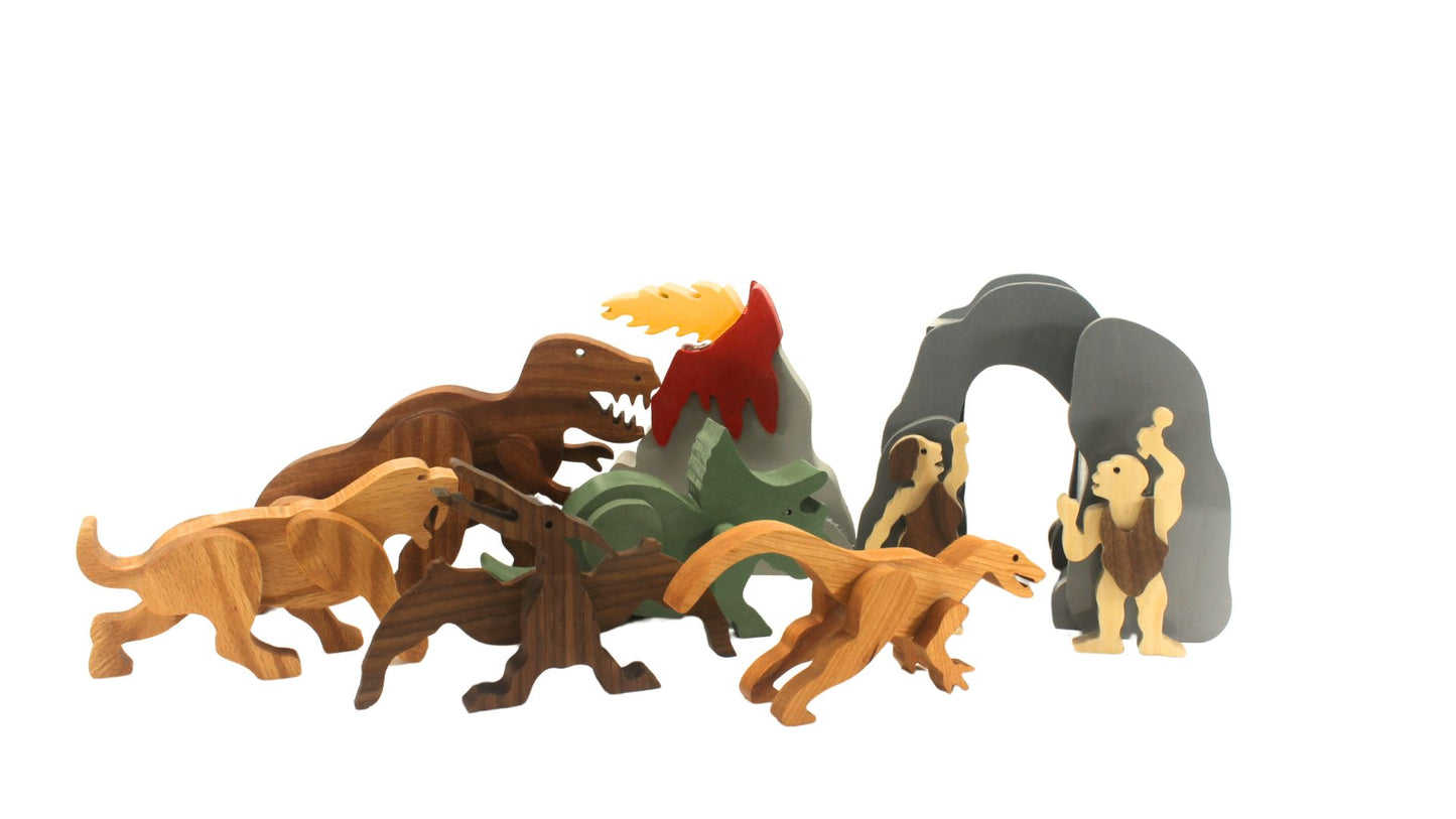 Dinosaurs, caveman and cavewoman, cave, and volcano wooden toy set