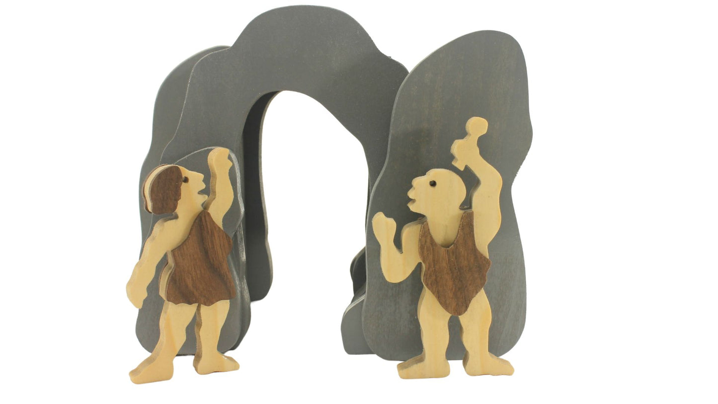 Dinosaurs, caveman and cavewoman, cave, and volcano wooden toy set