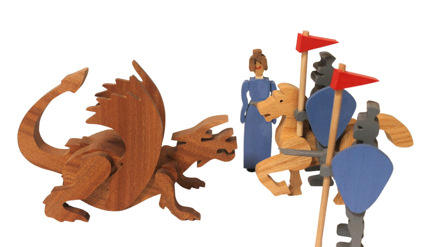 Knight on Horseback, Dragon, Fair Maiden- Handmade Figurines for Fairy Tale Enthusiasts