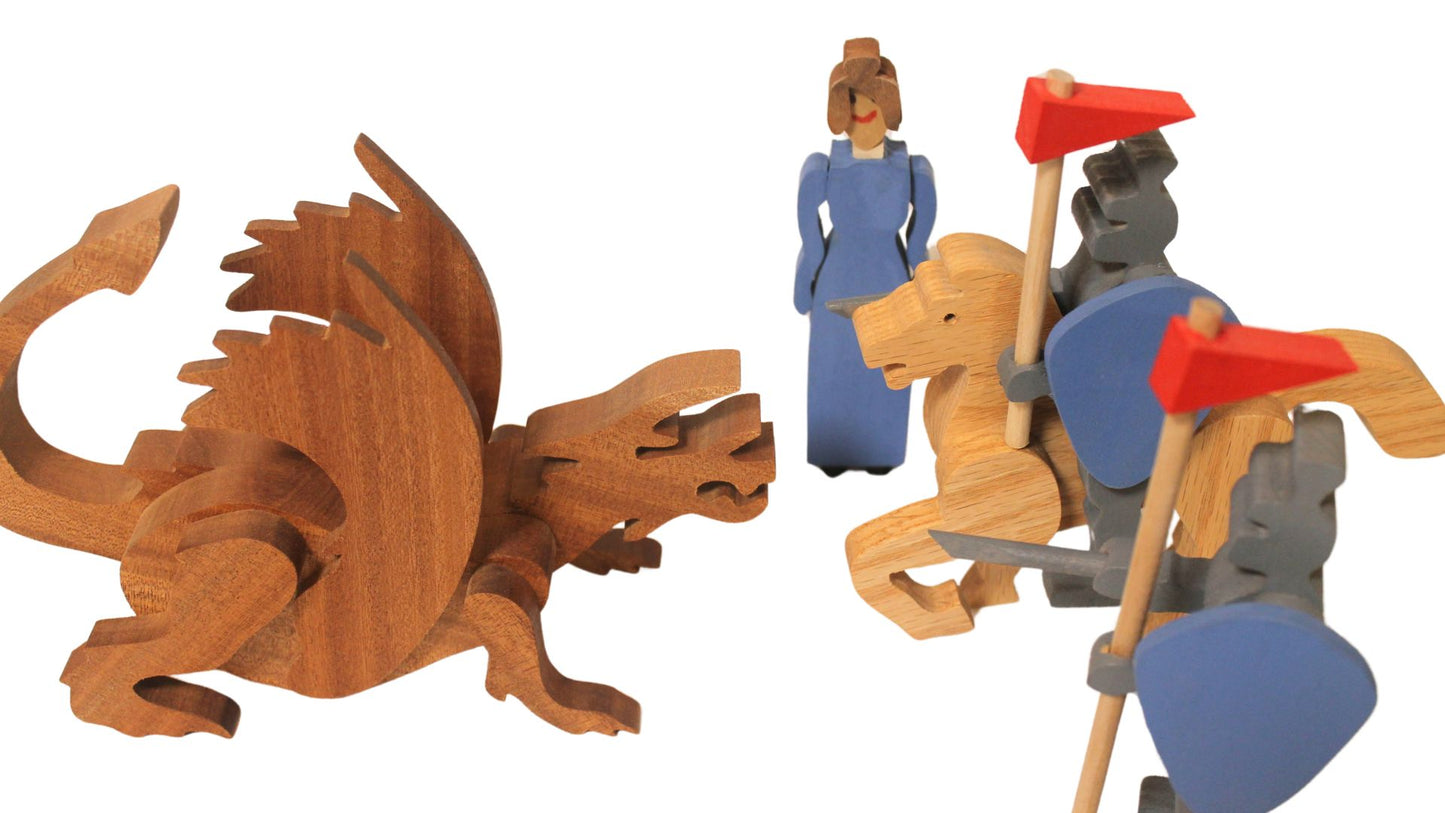 Knight on Horseback, Dragon, Fair Maiden- Handmade Figurines for Fairy Tale Enthusiasts