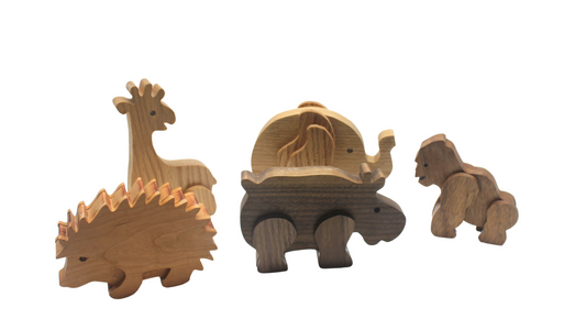 Whimsical Wooden Animal Toy Set: Gorilla, Elephant, Hippo, Giraffe, Hedgehog - Perfect Gift for Kids - Large Enough for Toddlers